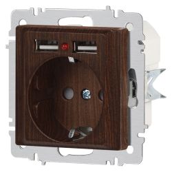 Розетка Intro Accent 6-410-10 с заземлением 2P+E Schuko со шторками 16А-250В + 2хUSB IP20 СУ венге