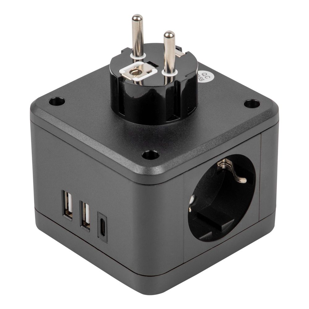 S-GES2-16SBUC BLACK Разветвитель сетевой с выключателем. с-з. 2 гнезда. 2USB+1TYPE C. 16А. 3500Вт. Черный. ТМ Uniel