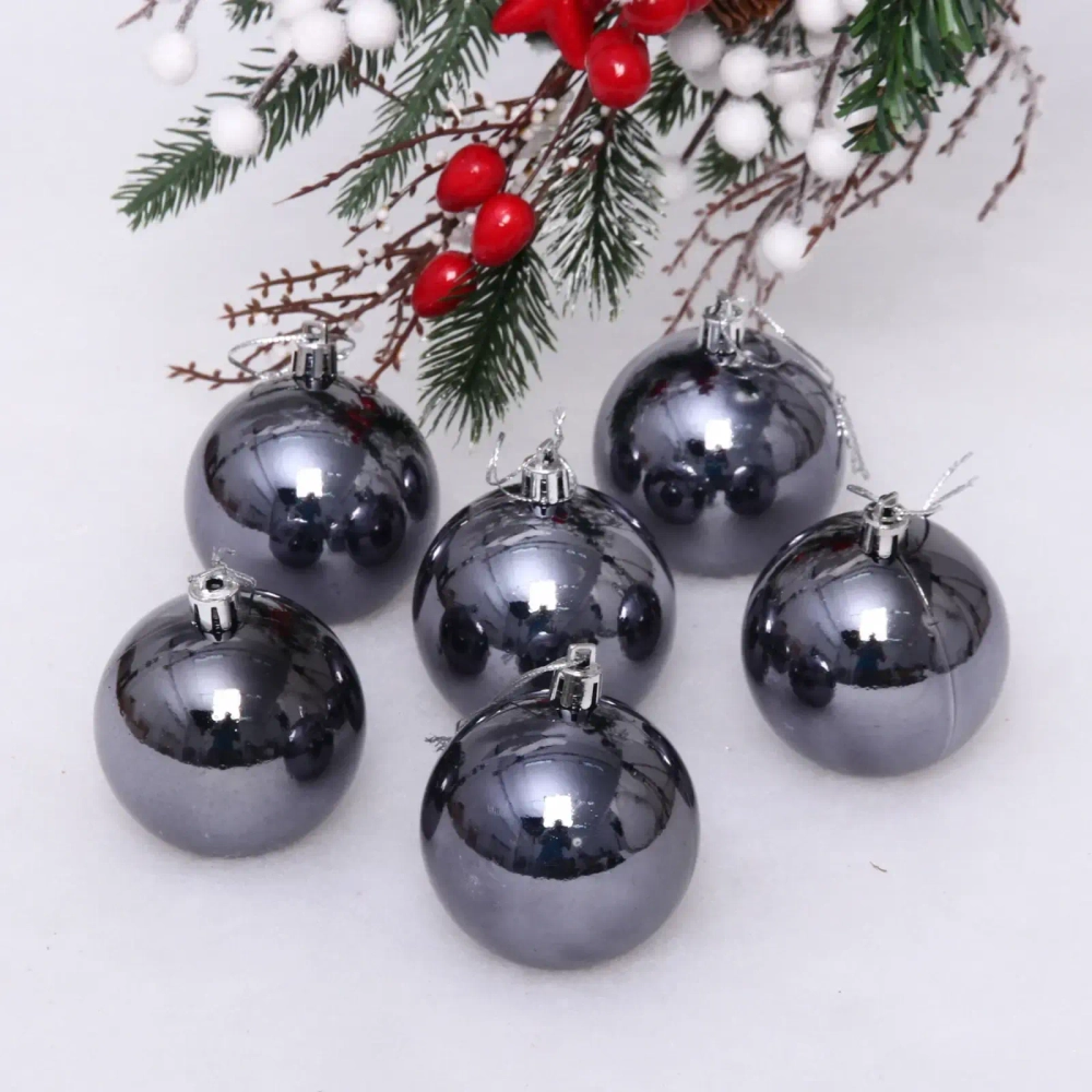 Новогодние шары 6 см (набор 6 шт) «Глянец», Графит (пакет)