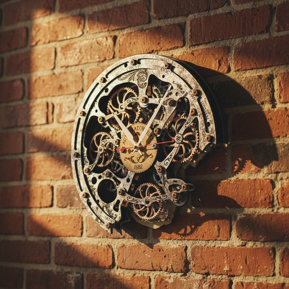 Механические часы на кирпичной стене рядом с окном — стимпанк-декор, золотистые стрелки и патина «старого металла».