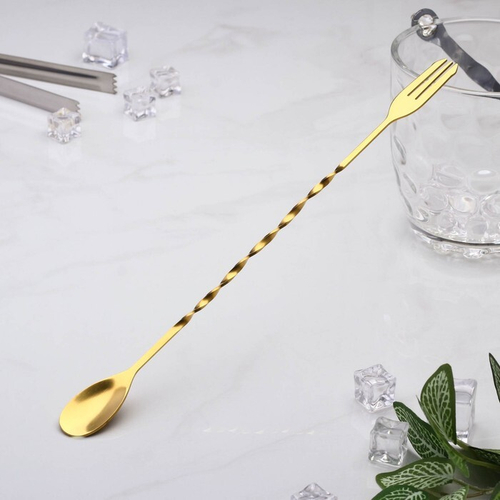 Барная ложка с вилкой 32 см золотая