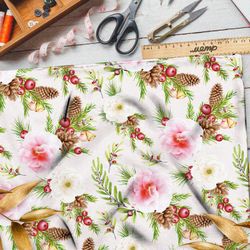 Ткань лён нежные розовые цветы, шишки и омела