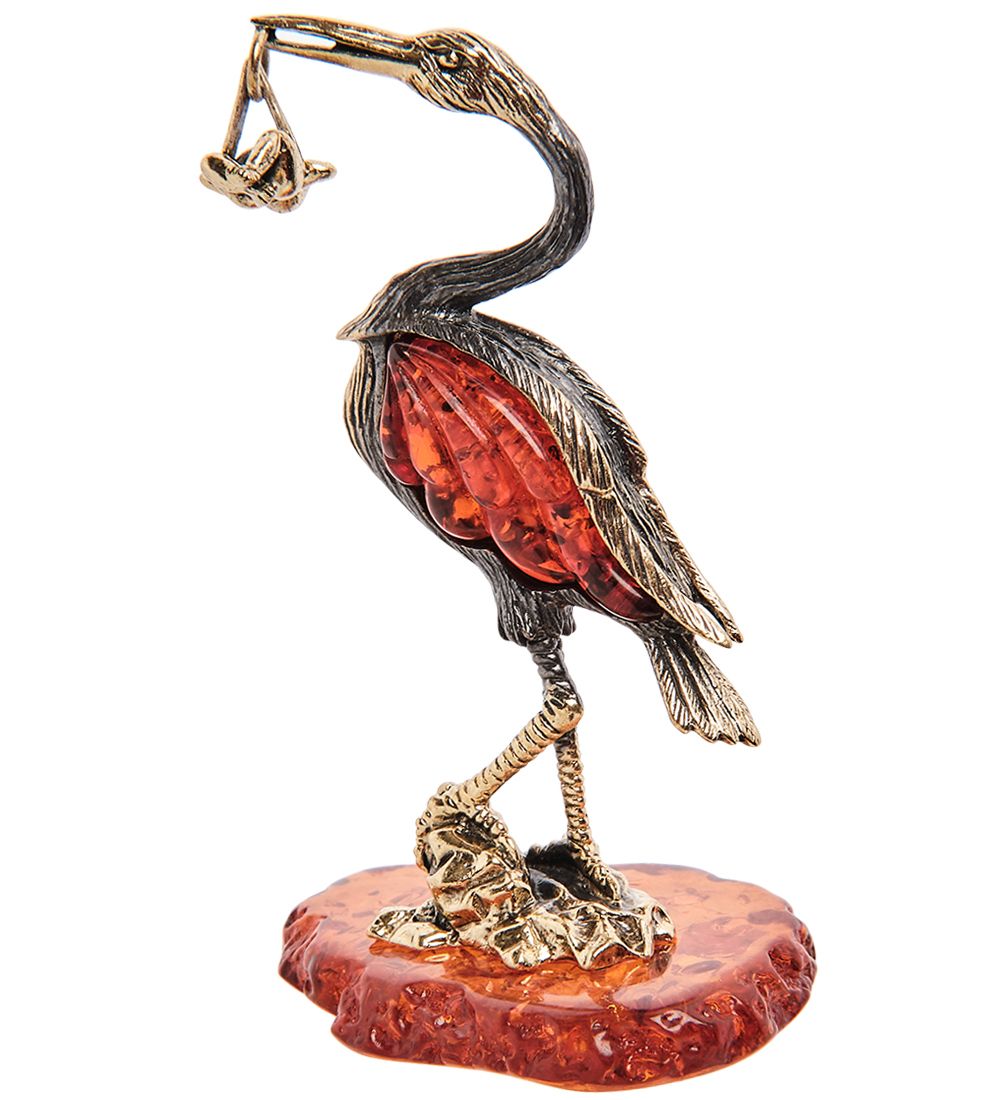 AM-3246 Фигурка «Аист с младенцем» бол. (латунь, янтарь)
