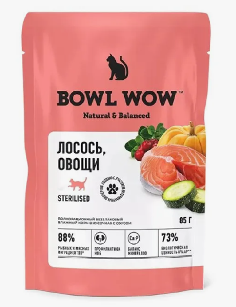 Влажный корм для стерилизованных кошек Bowl Wow лосось и овощи в соусе, пауч 85г Влажный корм для стерилизованных кошек Bowl Wow лосось и овощи в соусе, пауч 85г