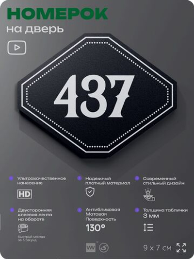 Номерок на дверь квартиры 437, для кабинета, офиса, шильдик 9 х 7 см, черный, Айдентика Технолоджи