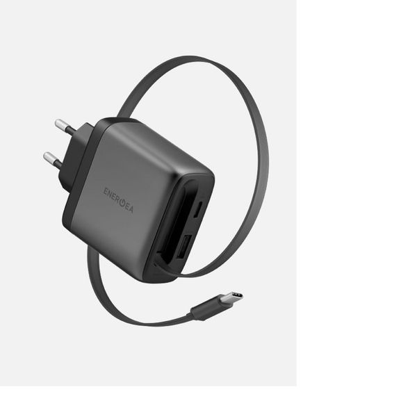 Сетевое зарядное устройство, шнур-рулетка 70cm. Energea AmpCharge ARC 65W, Темно-серый | Gunmetal