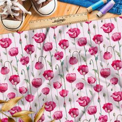 Ткань футер 2-х нитка насыщенные акварельные тюльпаны на розовом фоне