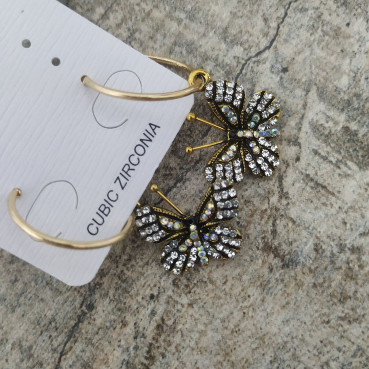 Серьги Бабочки на кольце стразы цвет прозрачный хамелеон металл золотистый