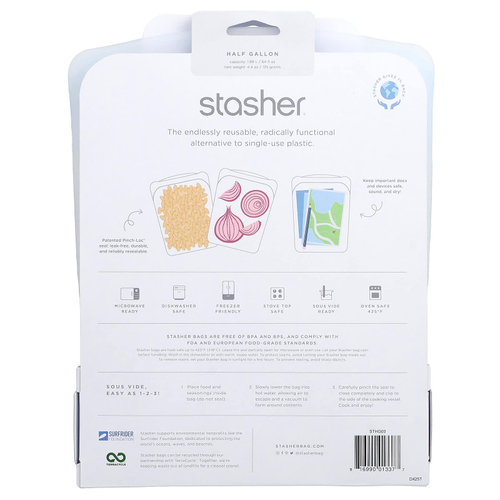 Stasher, многоразовый силиконовый пакет для пищевых продуктов, 0,5 галлона, прозрачный, 1,89 л (64 жидк. унции)
