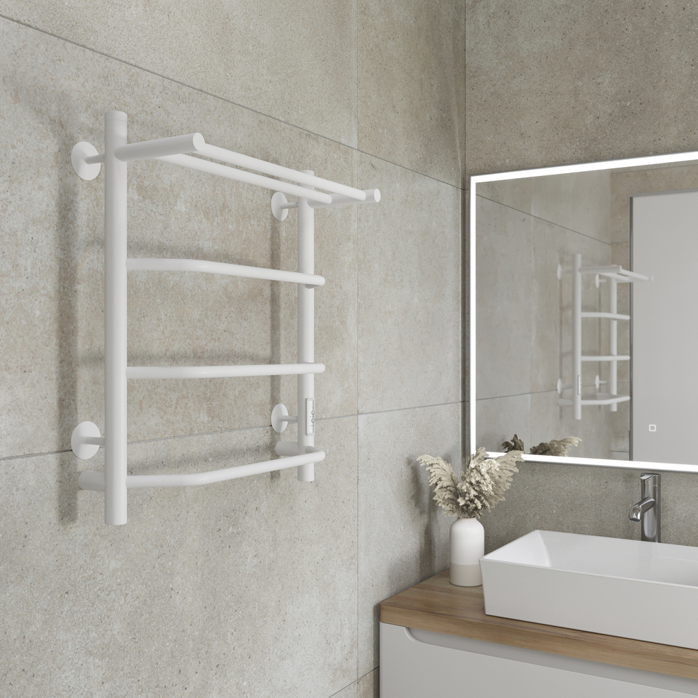 Полотенцесушитель электрический EWRIKA Сафо FT 60x55 см, подключение справа, слева, белый полуматовый, лесенка, из стали, с полкой