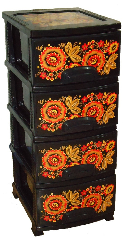 Комод ДЕКОР 4 ярус Хохлома черный В95*Ш38*Г47