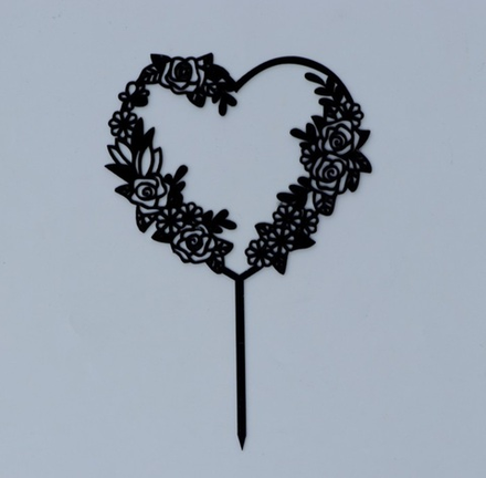 Топпер «Сердце», с цветами, цвет чёрный