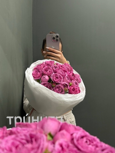 Букет из 7 пионовидных кустовых роз "Мисти Бабблс" (в переноске с аквабоксом)