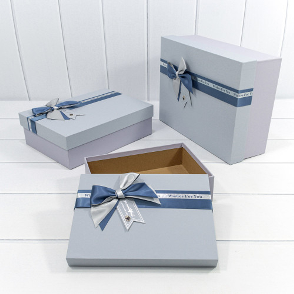Коробка 33.5х25х11.5 см Набор 3 шт с двойным бантом (Голубой)