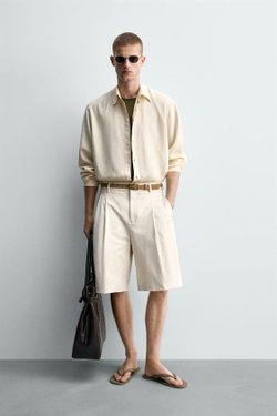 ZARA ШОРТЫ WIDE FIT С ЗАЩИПАМИ, ЖЕЛТОВАТО-БЕЛЫЙ