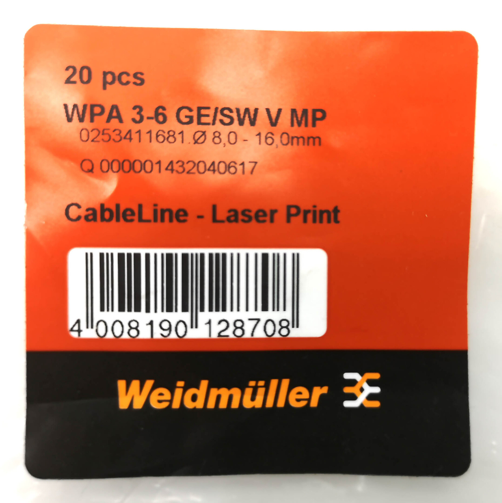 Маркер кабельный сеч.8-16мм Weidmuller WPA 3-6 GE/SW V MP  (20 шт.) 0253411681 PA. 3-6