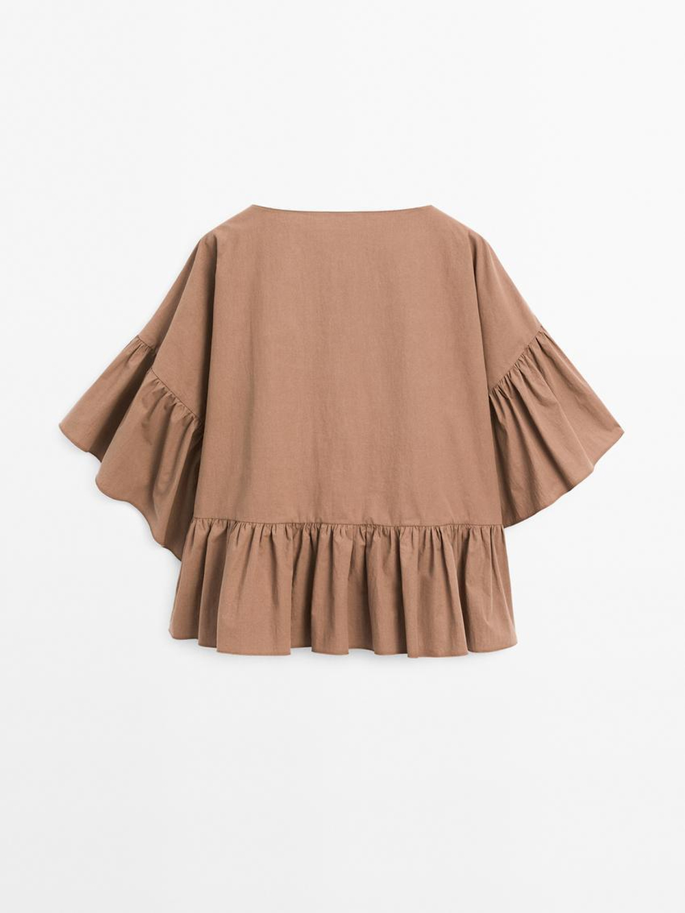 Massimo Dutti Рубашка широкого покроя с оборками, бежевый