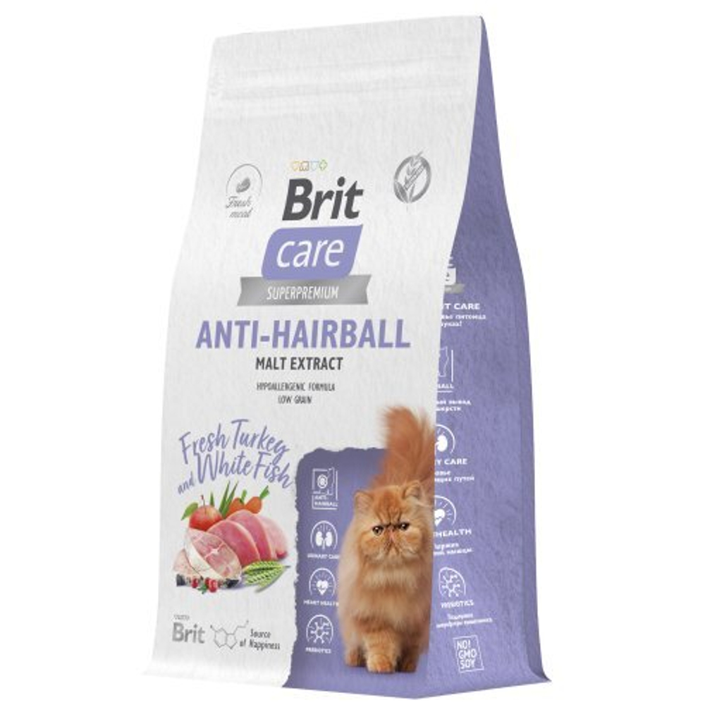 Сухой корм для взрослых кошек с белой рыбой и индейкой Cat Anti-Hairball BRIT CARE 1,5кг