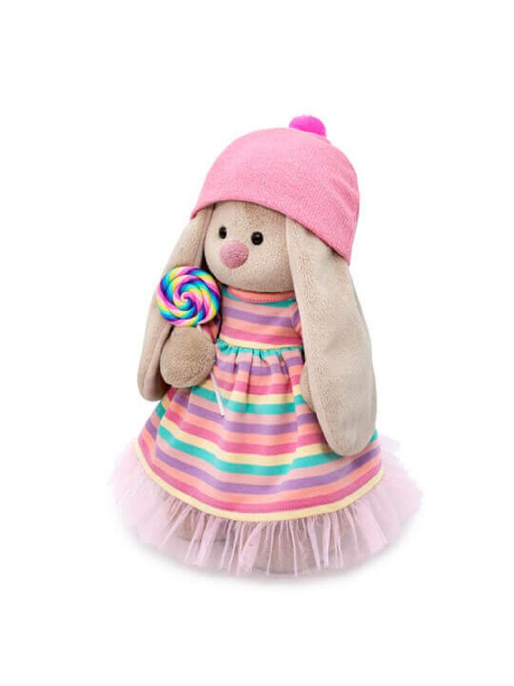 Мягкая игрушка Зайка Ми в полосатом платье c леденцом 32см