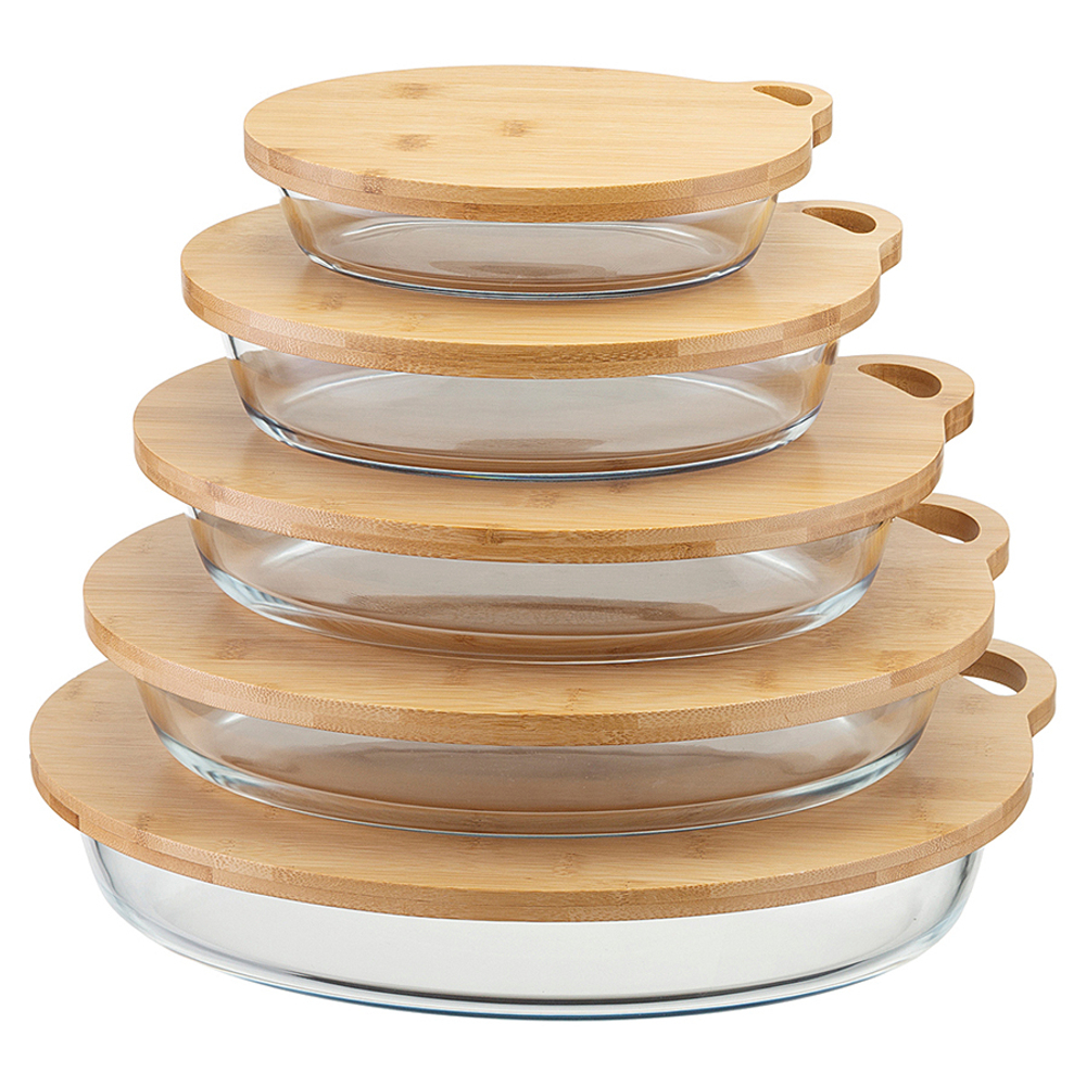 Форма для выпечки стеклянная с бамбуковой крышкой-подносом, 2,4 л