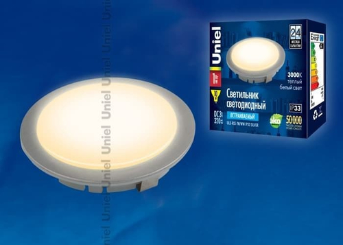 ULE-R05-1W/WW IP33 SILVER картон Светильник светодиодный встраиваемый. Ток 350мА. Материал корпуса нержавеющая сталь, цвет корпуса серебро. Цвет свече