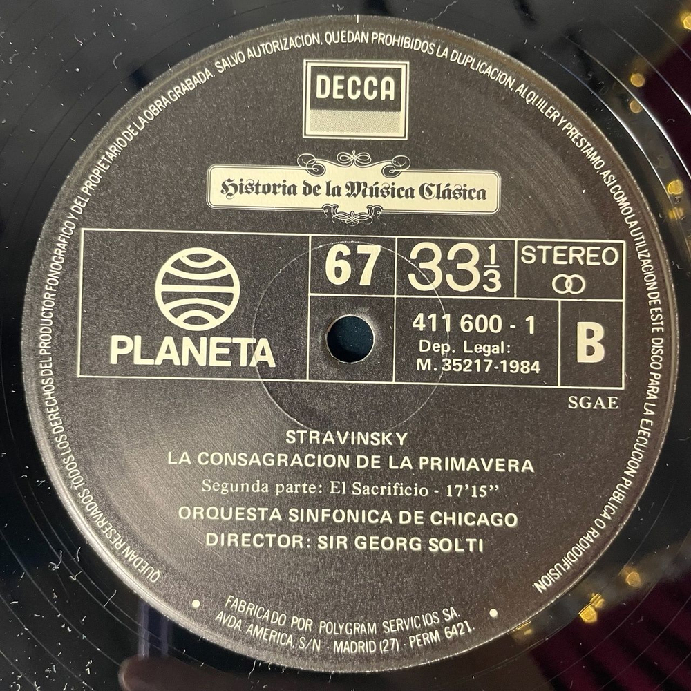 Винтажная виниловая пластинка LP Игорь Стравинский Stravinsky , Весна Священная Orquesta Sinfonica de Chicago Director: Sir Georg Solti La Consagracion De La Primavera (Spain 1984)