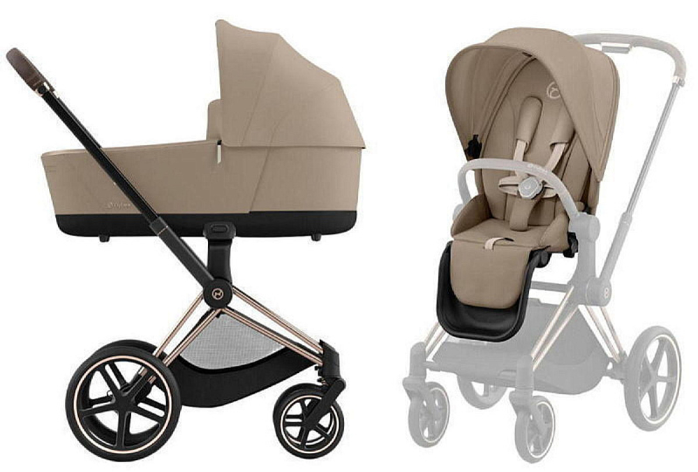 Коляска Cybex Priam IV Rosegold complete и автокресло Cloud G i-Size Ocean Blue Plus 3 в 1 Cozy Beige