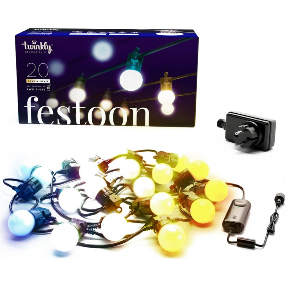 Умная гирлянда ретро «Фестон» Twinkly Festoon, Gold + Silver (20 м, 40 лампочек G45) Generation II