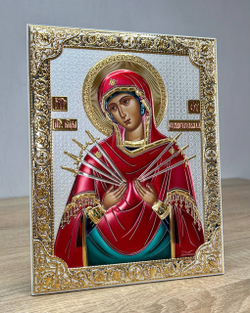 Семистрельная БМ, икона прямоугольная без рамки, белое дерево, эмаль 175х225