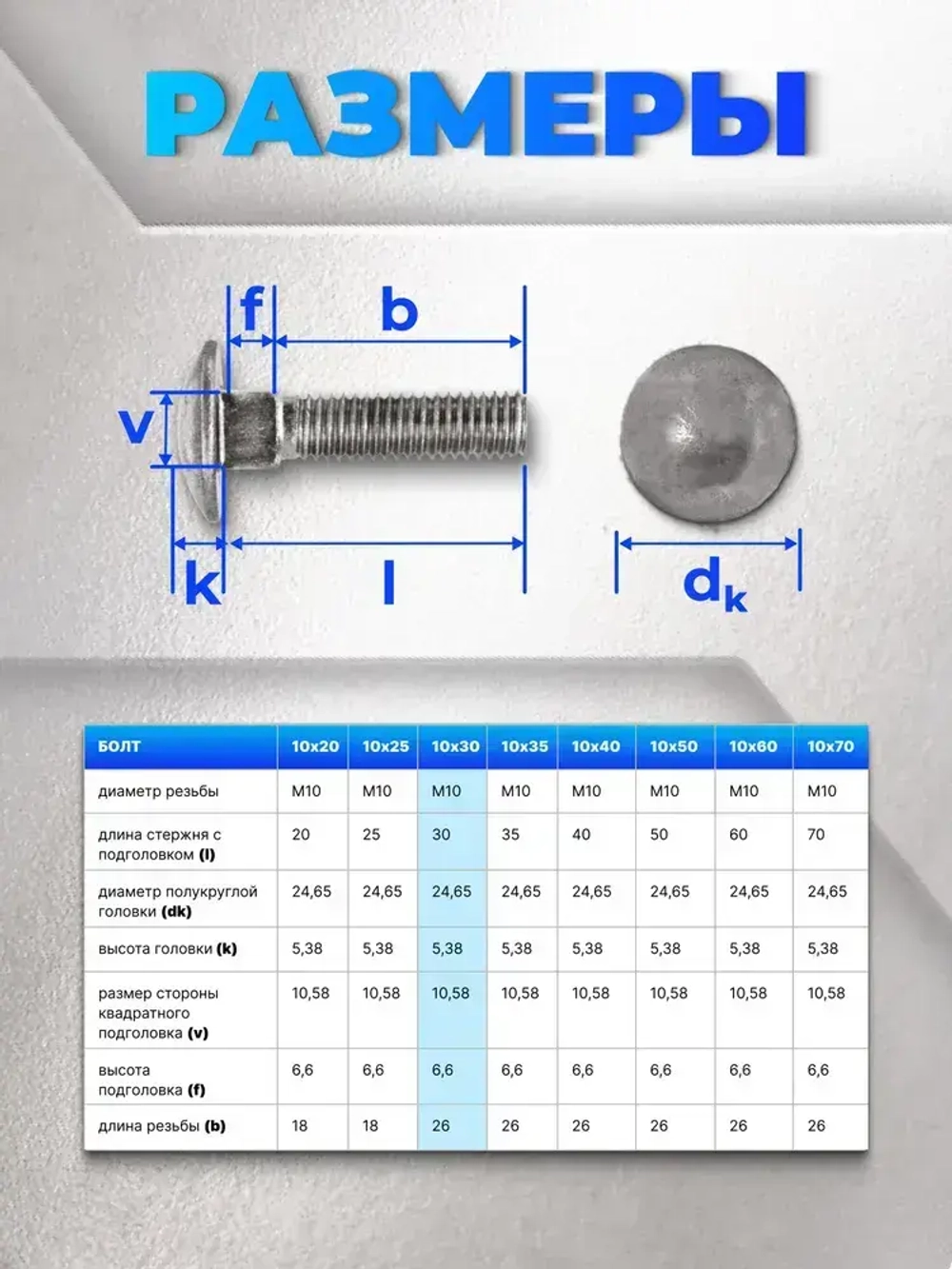 Болт мебельный М10х30 нержавейка DIN 603, 1 шт