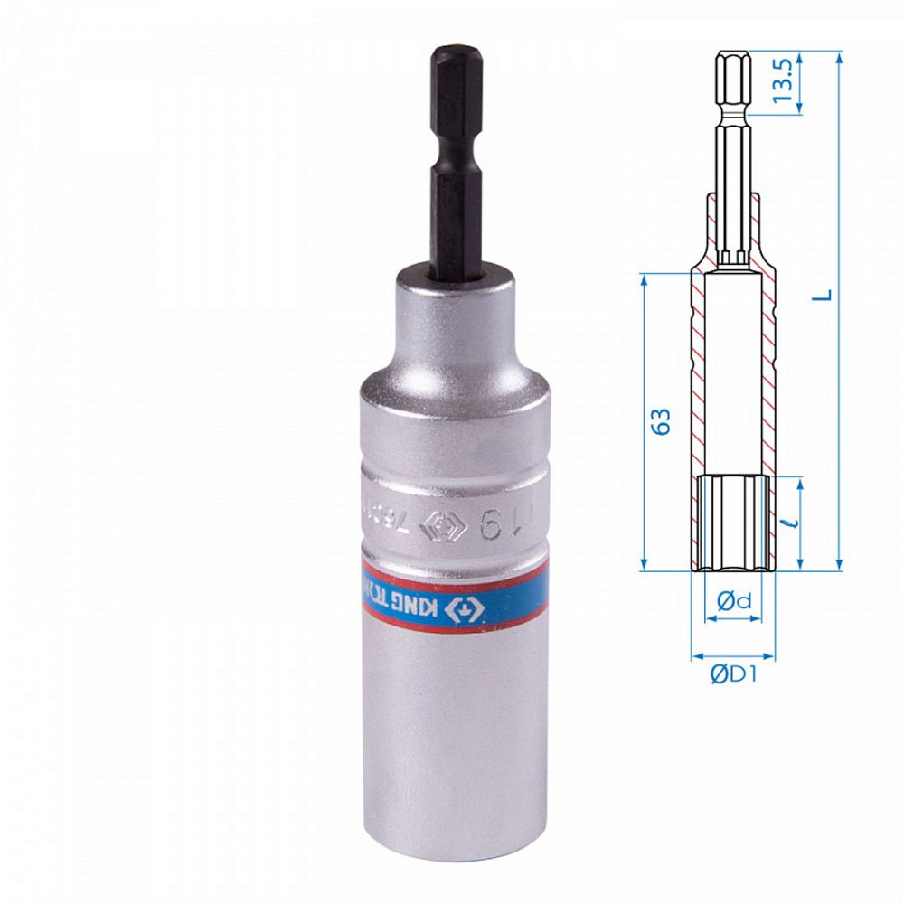 KING TONY (76C1119M) Головка для шуруповерта шестигранная 1/4", 19 мм, L = 110 мм