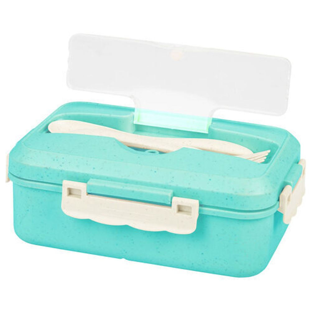 Ланч-бокс контейнер, 1 секция, 3 отделения, 1,4 л, ложка, вилка, 8х21х14 см, мятный, JOYLUX (ДЖОЙЛЮКС) ECO, 609344