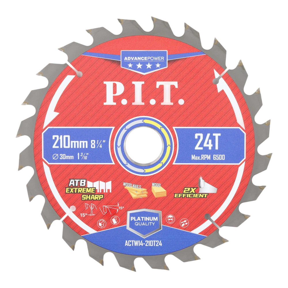 Диск пильный по дереву PIT  210x30x1,4 мм, 24T Carbide, зуб ATB 15° (ACTW14-210T24)