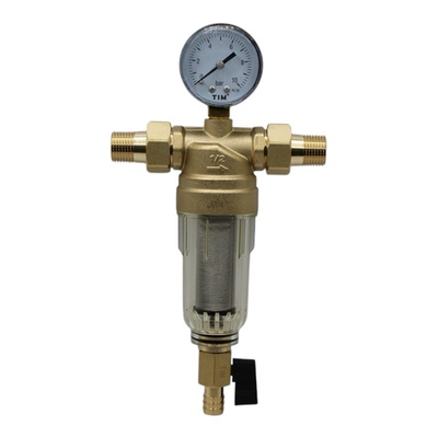 Фильтр самопромывной TIM 1/2" с манометром в стеклянном корпусе