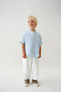 ZARA РУБАШКА ИЗО ЛЬНА С ВОРОТНИКОМ-СТОЙКОЙ, СИНИЙ