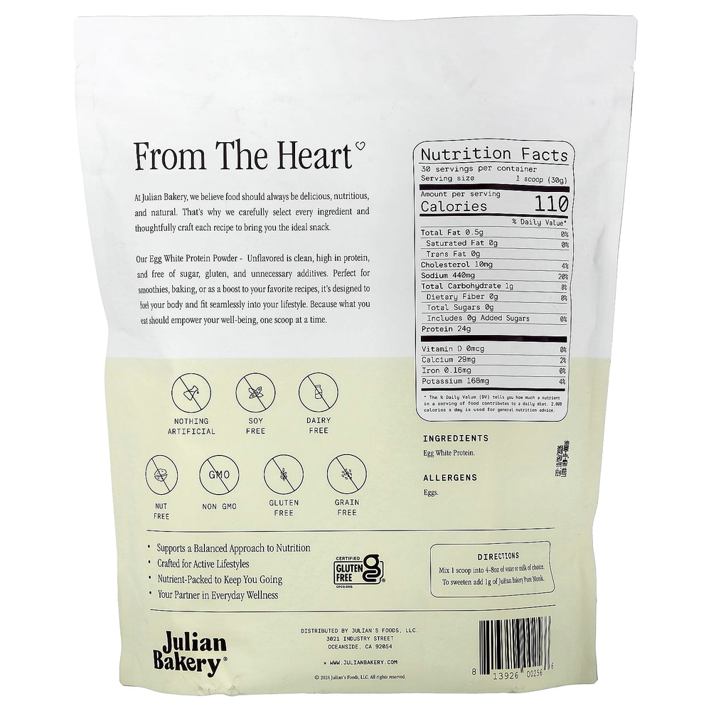 Julian Bakery, протеиновый порошок из яичного белка, без ароматизаторов, 907 г (2,01 фунта)