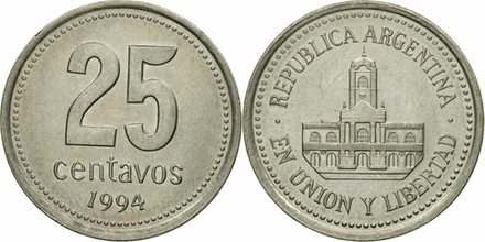 Аргентина 25 сентаво, 1993 - 1996 Ратуша - Буэнос-Айрес XF