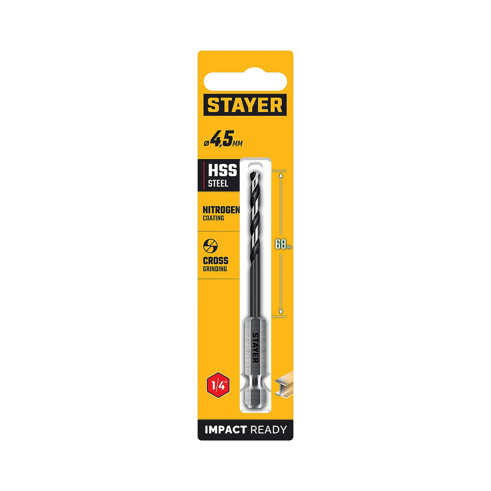 STAYER НЕХ-1/4″, d 4.5 х 103 мм, сверло по металлу для винтовёртов и шуруповертов IMPACT READY (29603-4.5)