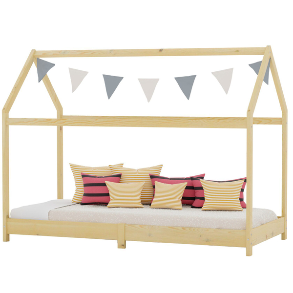 Кровать домик односпальная 90х190 Кози из массива сосны с настилом для детской комнаты, без отделки