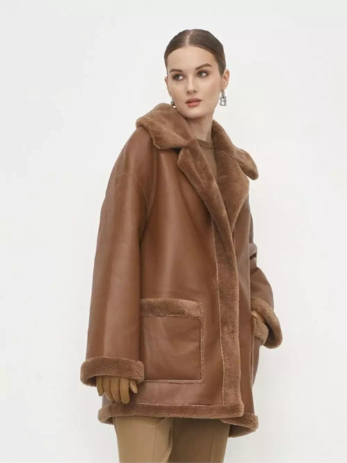 Двусторонняя дубленка из овечьей шерсти тедди чебурашка, коричневая, SilverFox