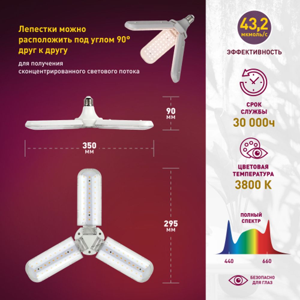 Фитолампа для растений светодиодная ЭРА FITO-24W-Ra90-E27-FOLD 3-х лепестковая полного спектра 24 Вт Е27 | Фитолампы Е27