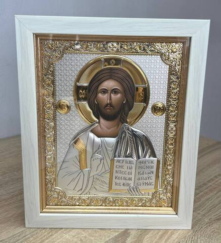 Спаситель, икона прямоугольная в рамке под стеклом, белое дерево 206х258