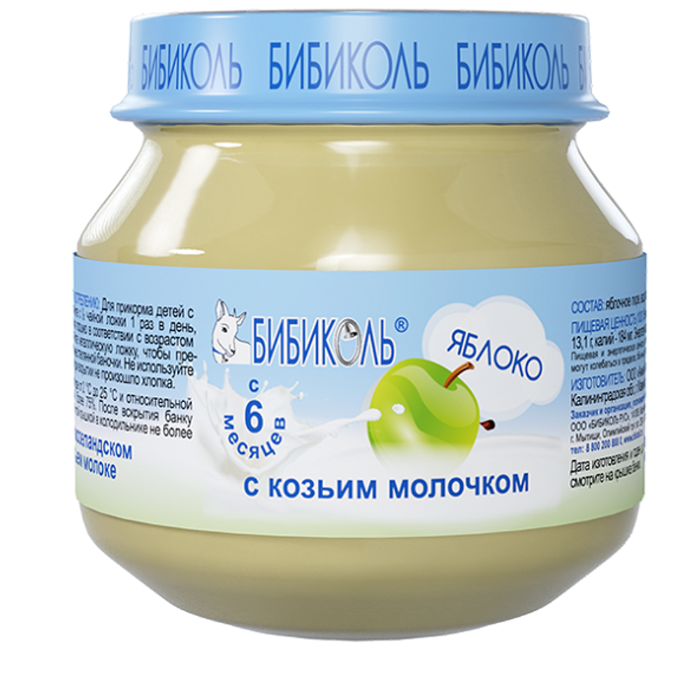 БИБИКОЛЬ фруктово-молочное пюре «Яблоко с козьим молочком» гомогенизированное, стерилизованное, для питания детей с 6 мес., стек. банка, 80гр., блок 6шт.
