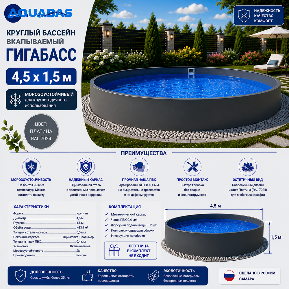 Круглый бассейн ГИГАБАСС 4,5 х 1,5 м вкапываемый Платина RAL 7024 морозоустойчивый