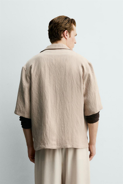 ZARA ЖАККАРДОВАЯ РУБАШКА BOXY FIT В ПОЛОСКУ, ЭКРЮ