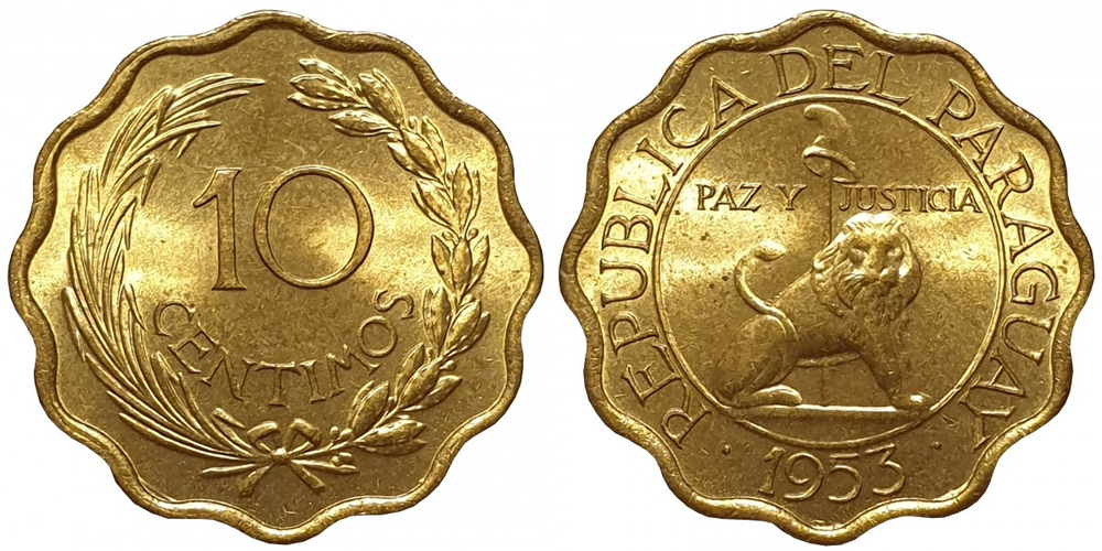 Парагвай 10 сентимо, 1953 Лев XF