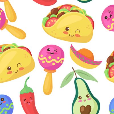 Мексиканский Паттерн: тако, авокадо, перец чили. Яркие милые персонажи.