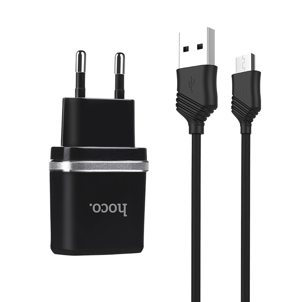 Адаптер питания Hoco C12 Smart dual USB charger set + Cable MicroUSB (2USB: 5V max 2.4A) Черный