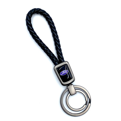 Брелок для ключей кожаный с эмблемой Jac (кожзам, косичка, двойное кольцо, черный цвет)