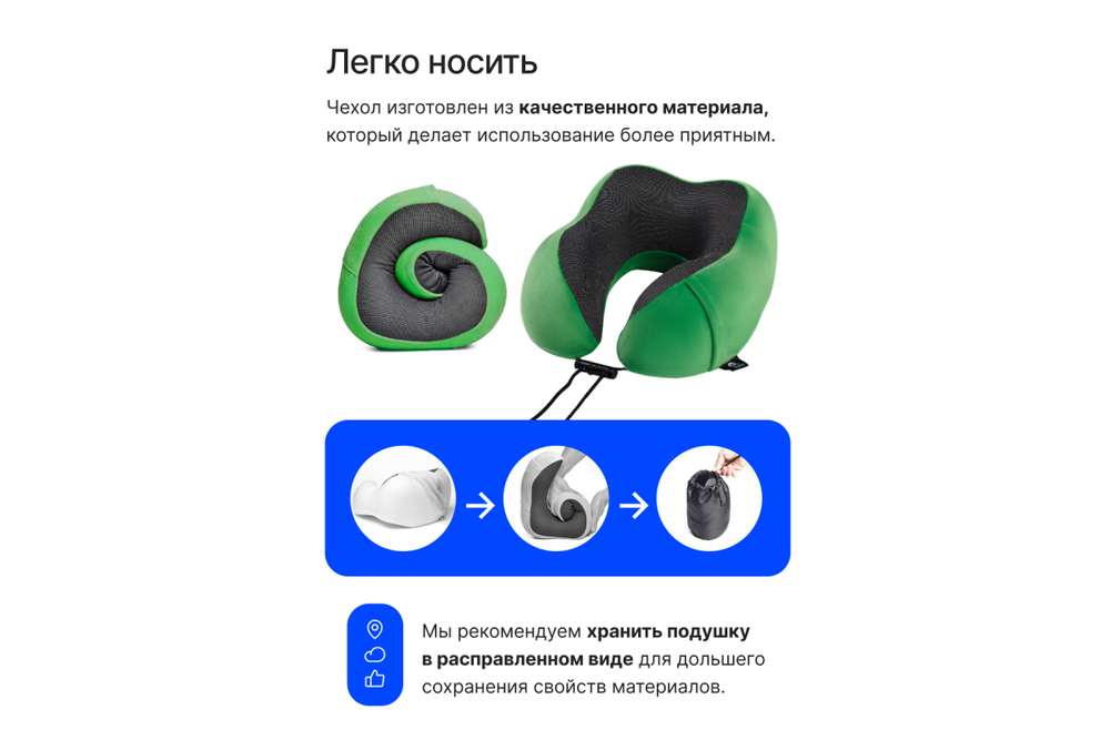 Подушка для путешествий RoadLike Travel Kit Velvet с эффектом памяти, зеленый